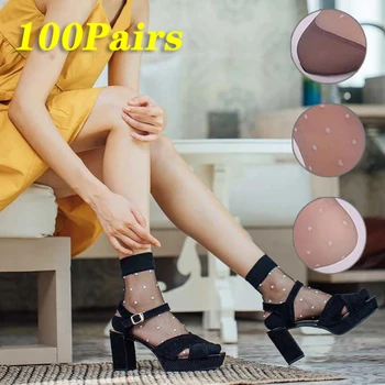 100Pairs Dot Hedvábí Ponožky Ženy Průhledné Tenké Prodyšné Letní Nylon Krátké Skladem Ženské Non-Slip Stretch Kotník Sexy Ponožky