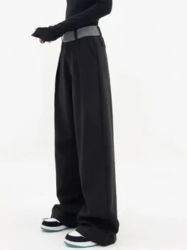 2022 Podzimní Móda Double Skládaný Design Široké Kalhoty Nohy Ženy Líný Volná Silueta S Vysokým Pasem, Ležérní Kalhoty, Ženy Harajuku