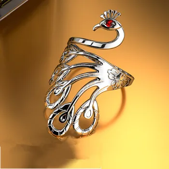 Buyee 925 Sterling Silver Etnické Velký Prsten Elegantní Lehké Leštění Páv Otevřít Prst Prsten pro Ženy, Dívka Sladké Šperky Kruhu