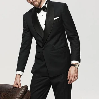 Dvojí Breasted Černé Svatební Smoking Pro Muže Slim Fit, 2 Ks Formální Man Obleky S Šál Klopě Vlastní Mužské Módní Kostým 2020