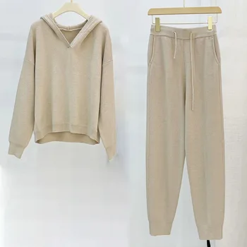 Dámský Vlněný Kabát Kalhoty Set Lady Mikina s Kapucí, Streetwear Pletené Jaro Podzim Jogger Svetr JS3907D