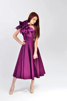 Elegantní Fuchsie Večerní Šaty pro Ženy 2023 Satén Květinové Jedno Rameno Čaj Délka A-Line Květina Formální Příležitosti Plesové Šaty