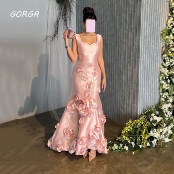 GORGA Růžové Náměstí 3D Květiny, Nášivky Večerní Šaty Saúdská Arábie Satén Mořská panna Formální Příležitosti Šaty Podlaha-Délka Party Šaty