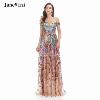 JaneVini Luxusní Barevné Flitry Dlouhé Dubaj Večerní Šaty 2022 Off Rameno Korálkové Linka Šaty na Ples pro Ženy na Míru