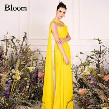 Kvetou Žluté Jedno Rameno Formální Večerní Šaty Jednoduché Elegantní Ruched Cape Podlahy-délka šaty bez Rukávů Svatební Party Šaty Na Ples