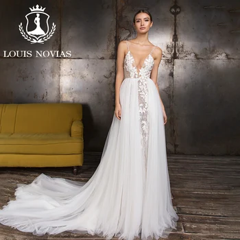 LOUIS NOVIAS Mořská panna Svatební Šaty Pro Ženy 2023 Špagetová Ramínka Nášivky Odnímatelný Vlak Svatební Šaty Vestidos De Novia