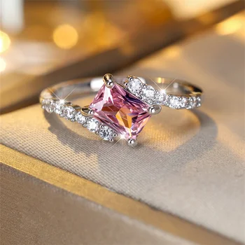 Luxusní Čtverec Crystal Stone Prsten Elegantní Růžové Zirkony Zásnubní Kapely Prsteny Pro Ženy, Vintage Módní Stříbrné Barevné Svatební Šperky