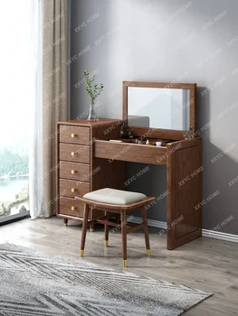 Masivní Dřevo Prádelník Ořech Ložnice Malý Byt Flip Make-up Stůl Skříňka Integrované Zrcadlo s