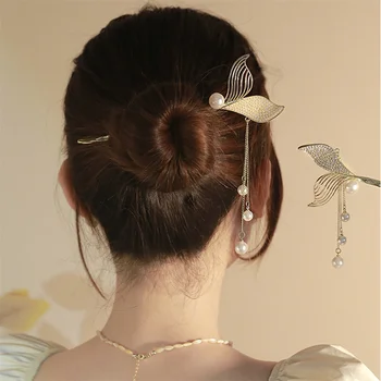 Mořská Panna Ocas Vlasy Hůl Střapce Čínské Hanfu Vlasové Doplňky Pro Ženy, Pearl Zlaté Sponky Do Vlasů Retro Svatba Nevěsta Vlasy Šperky
