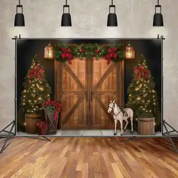 MĚSÍC.QG Pozadí Zlatých Světel Bowknot Vánoční Dřevěné Dveře Brány Koňské Ozdoby na Pozadí Dřevěná Deska Strany Zdi Photo Booth