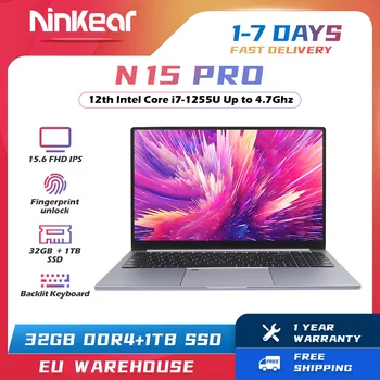 Ninkear N15 PRO Herní Notebook Intel 12 Core i7-1255U 15.6-palcový FHD IPS 32GB DDR4+1TB SSD Otisků prstů, Podsvícená Klávesnice Notebooku