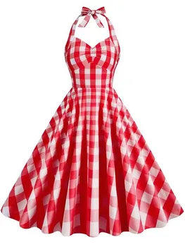 Ohlávka Plášť Rockabilly Party Šaty 50s 60s Ženy Letní šaty bez Ramínek Růžové Kostkované Tisku Femme Vintage Šaty