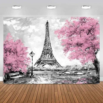 Paříž Eiffelova Věž Kulisy pro Fotografie Růžové Květy Stromů Foto Milence Svatební Studio, Rekvizity, Pozadí, Banner, Dekorace