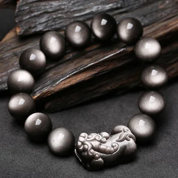Přírodní Kámen Náramek Stříbrný Pixiu Stateční Vojáci Pletené Buddhismus Kulaté Korálky Energie DIY Obsidian Náramky Ženy Muži Šperky