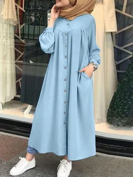 S-5XL Letní Muslimské Ženy Oblékat Hidžáb Tričko Dlouhý Rukáv Maxi Vestidos Ženy Tlačítko Plášť Femme Musulman Solidní letní Šaty