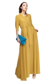 SD54 2023 Nové Vysoce Kvalitní Zakázku Dámské Elegantní Žluté Barvy Dlouhý Rukáv Šifon Maxi Šaty Muslimské oblečení Ženy Abaya