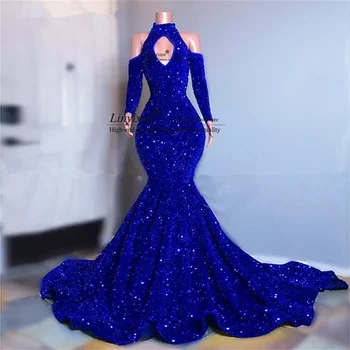 Sexy Královská Modrá Mořská Panna Prom Šaty S Flitry Elegantní Dlouhé Rukávy Formální Večerní Party Šaty Off Rameno Robe De Soirée