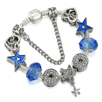 Stříbrný Pozlacený Srdce & Blue Star Náramek S Přívěsek Hvězdice Fit Módní Šperky DIY Náramek Dárek Pro Ženy