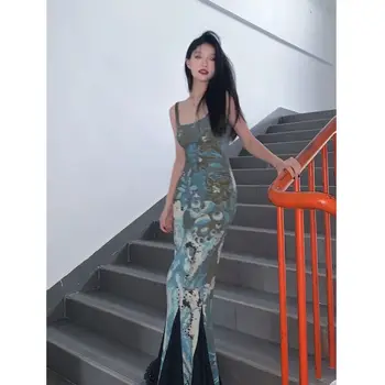 Vintage Dlouhá Sukně Otevřené Zpět Sexy Podvazkové Šaty Nové Čínské Fishtail Temperament Mid-délka Sukně Ženské Y2k šaty Šaty
