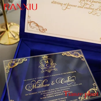 Vlastní Luxusní Royal Blue Velvet Box Pozvánky, Svatební Oznámení Karty Vysoce Kvalitní Akryl Custom Logo Svatební Pozvánky