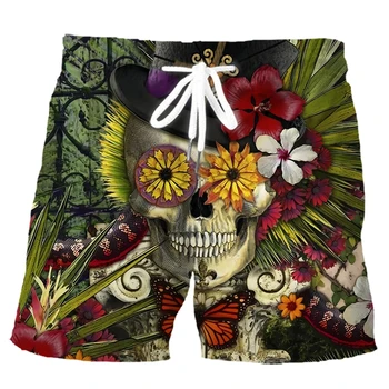 Vtipné Goth Skull Flower 3D Tisk Beach Šortky Módní Plavecké Šortky Muži Ležérní Streetwear Krátké Kalhoty Dovolenou Surfování Kmeny