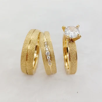 Zlevněné Značkové Svatební Sady Matné 24k Zlatem Pozlacené Šperky 3ks Svatební Zásnubní Prsteny Pro Muže a Ženy bijoux bague