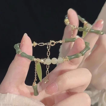 1KS Čínském Stylu Retro Zelené Bambusové Společné Korálkový Náramek Pro Ženy Módní Jednoduché Kouzlo Slitiny List Náramek Šperky Dárek