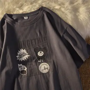 2022 Letní Oblečení Japonské Retro Stylu Bear Obrázky Bavlněný Ulici Loose Top Dámské T-shirt Hip Hop