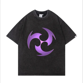 2023 Anime Hra Genshin Dopad Nové Americké Retro Módní Ležérní Tisk Staré Smažené Barvy s Krátkým rukávem Washed T-shirt