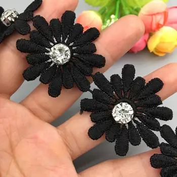 20x Černá 3D Daisy Flower Bavlněné Krajky Trim Vyšívané Africké Tkaniny Stuhou Nášivka DIY Svatební Šaty, Šaty Šití Carft