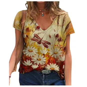 3D Butterfly Print T Shirt Ženy V-Neck Loose Tops 4XL Ležérní Oversize s Krátkým Rukávem Tee 2023 Nové Letní Dámské Velikosti Oblečení