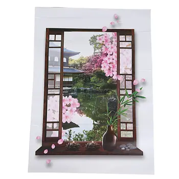 3D Okně Sakura Peach Blossom, Květ, Umění, Samolepka na Zeď Vyměnitelné Obtisk Nástěnné