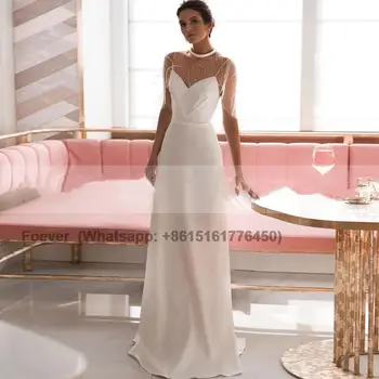 Jednoduché Saténové Svatební Šaty 2024 Elegantní V-Neck Špagety Popruhy S Hlubokým Výstřihem Zamést Vlak Svatební Šaty Pro Ženy, Vestido De Novia