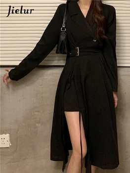 Jielur Dlouhý Rukáv Šaty Ženy Černé Elegantní Vintage Šaty Jaro Punk Gothic Blazer High Street Oblečení Streetwear