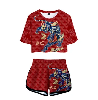 Letní Dámské Sety Tiger 3D Tisk Krátký Rukáv Crop Top + Šortky Pot Obleky Ženy Teplákové soupravy Dva Kus Oblečení Streetwear