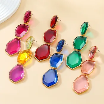 Multi Candy Barvy Akrylové Pryskyřice Geometrické Dlouhé Náušnice pro Ženy Fuchsia Šperky