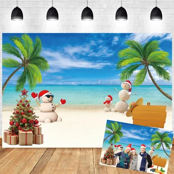 Pláž Vánoční Pozadí pro Fotografování Sněhulák Tropické Vánoce Havaj Moře, Kokosové palmy Dekorace Banner Fotografické Pozadí
