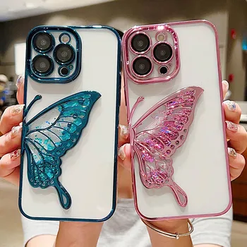 Sen Motýlí Písku Glitter Pouzdro Pro iPhone 15 14 Pro Max 13 12 11 Pro Max Transparentní Kamera Ochranný Nárazuvzdorný Kryt