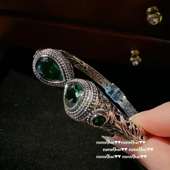 Vintage Luxusní Thajské Stříbrné Manžetové Náramky Ušlechtilé Dvojité Kapka Vody Lab Smaragdově Zelené Zirkony Šperky pro Ženy Návrh Párty Dárky
