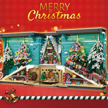 Vánoční vlak Knihkupectví Street View Architektonický Model Malých Částic Stavební Blok Dekorace, Hračky pro Děti, Chlapec, Dívka, Dárek