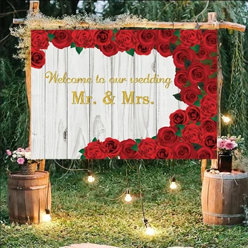 Vítejte Na Naší Svatební Jménem Přizpůsobit Banner, Pozadí, Červená Růže Dřevěný Styl Fotografie Na Pozadí Host Znamení Květiny Fototapety