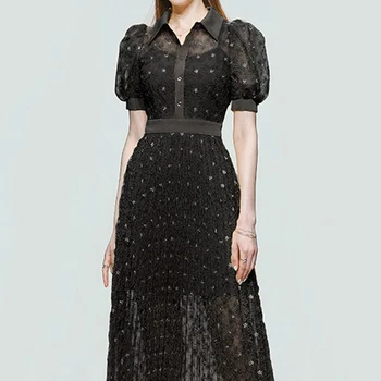 Černé Krajky Šaty Ženy 2023 Léto Výšivky Květinové Zase dolů Krk Vestidos Dámské Oblečení Obchod Vintage Šaty XL